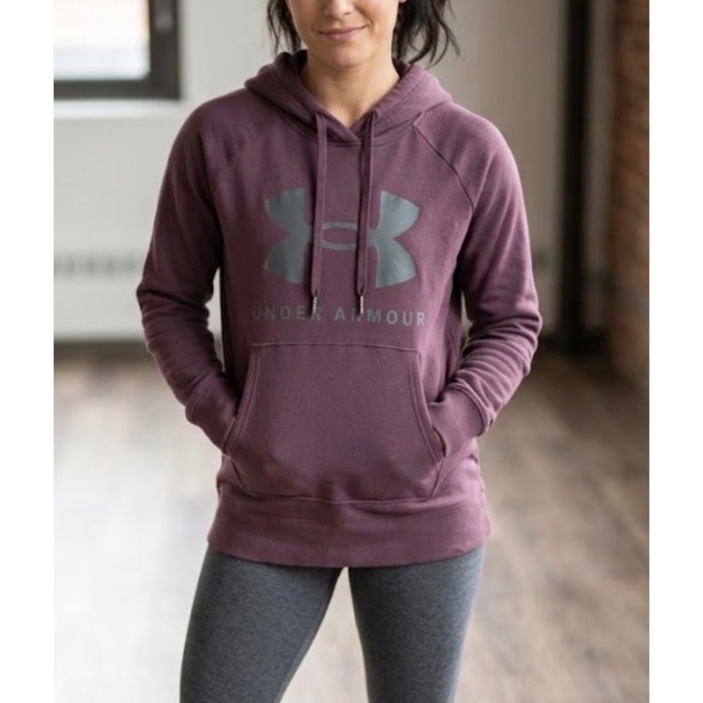 Under Armour Womens Rival Fleece Hoodie Plum Purple Logo Pullover Small HeatGear